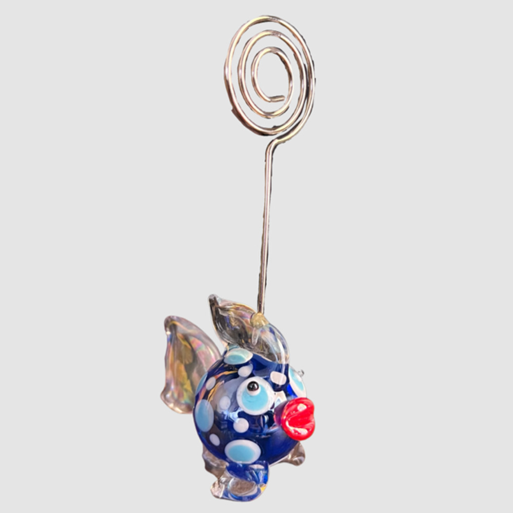 Glass Blue Blowfish 5" Wire Note Holder, EUC0